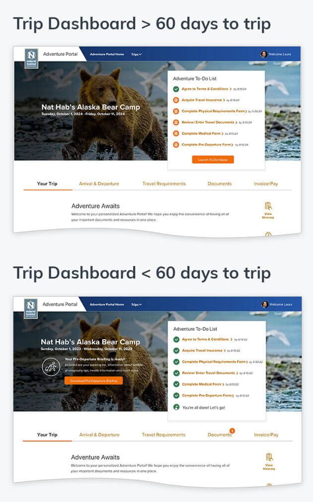 Two mocks of the trip dashboard illustrating how the content changes as the trip draws nearer.