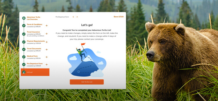 Mocks of the Adventure Portal overlap the image of a bear wandering through a grassy field.