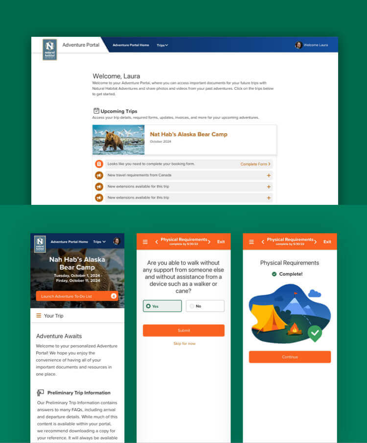 Collage of the Adventure Portal message center, profile editor, and mobile adventure to-do list wizard.