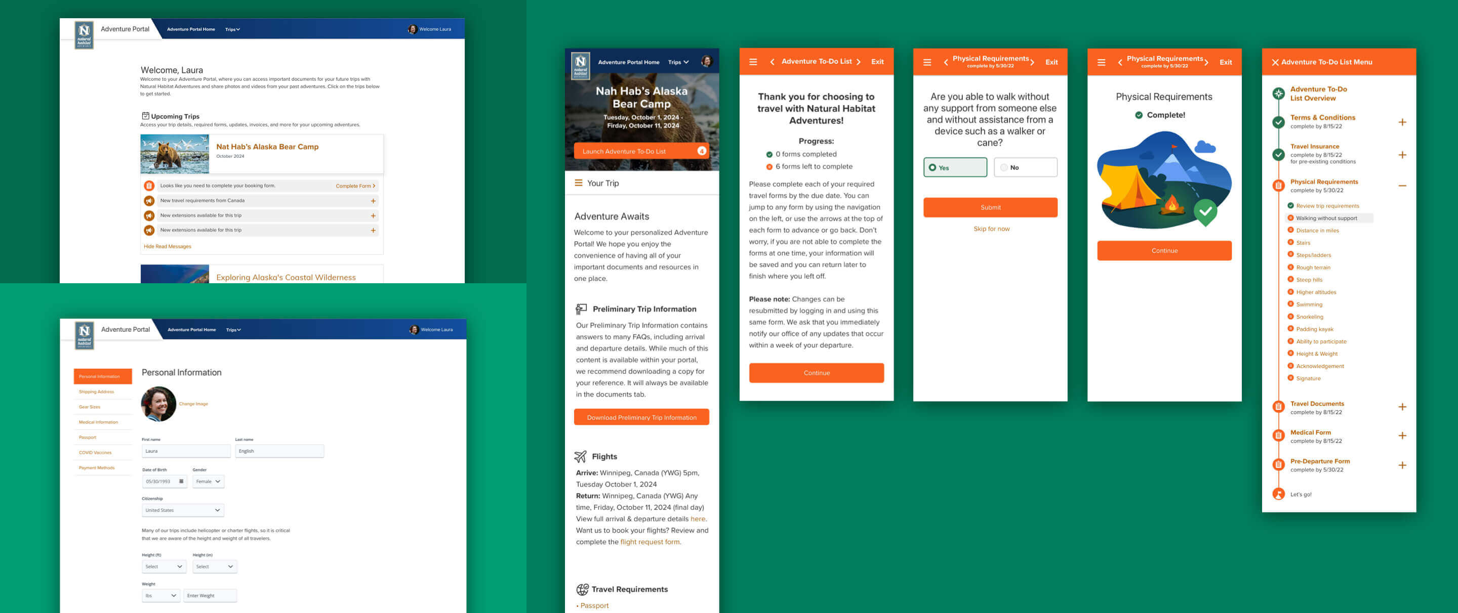 Collage of the Adventure Portal message center, profile editor, and mobile adventure to-do list wizard.