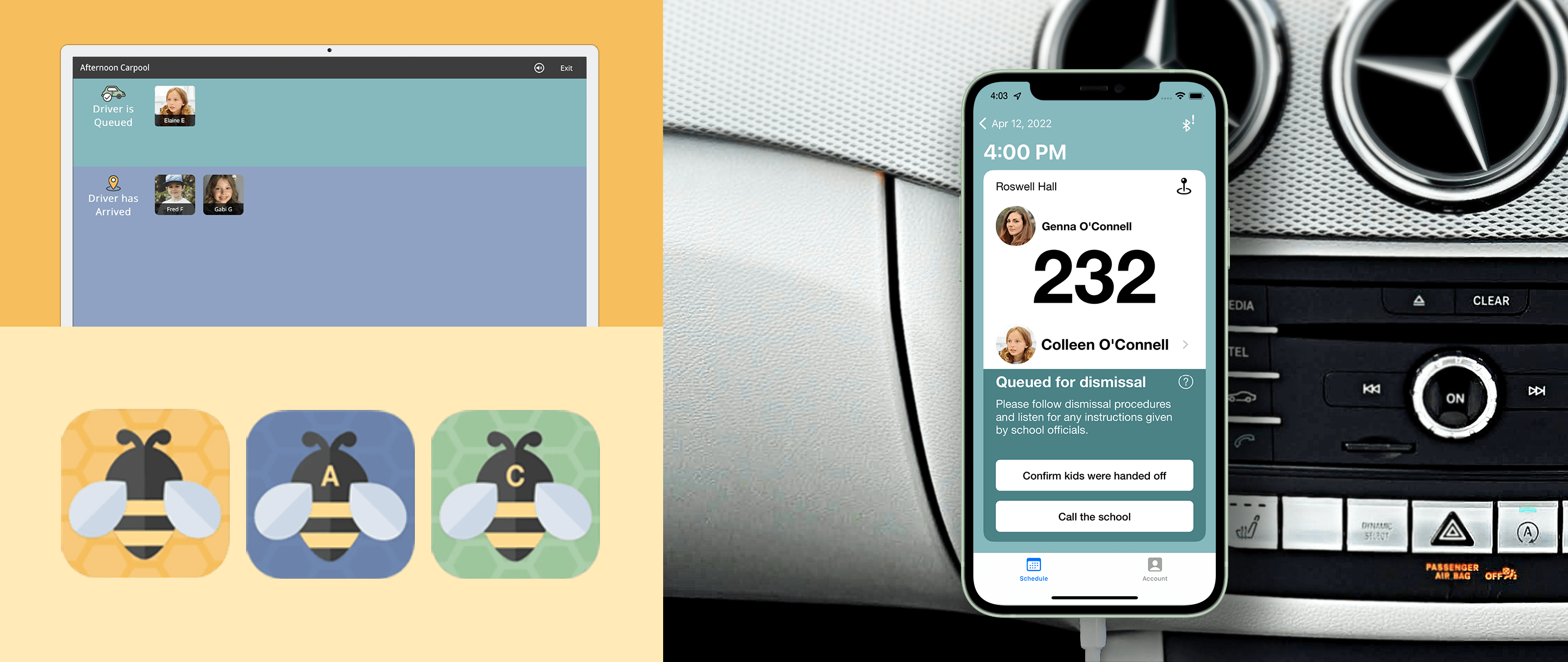 Collage of the Beeline driver app interface, app tiles, and Classroom app interface.