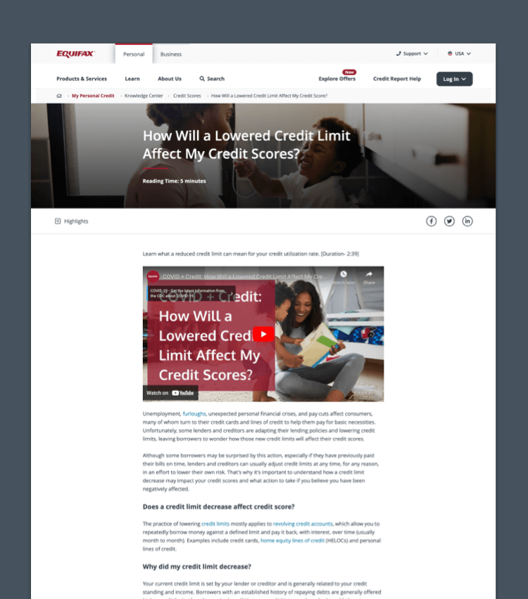Collage of some of the Equifax Knowledge Center pages we manage, including the main hub and an article.