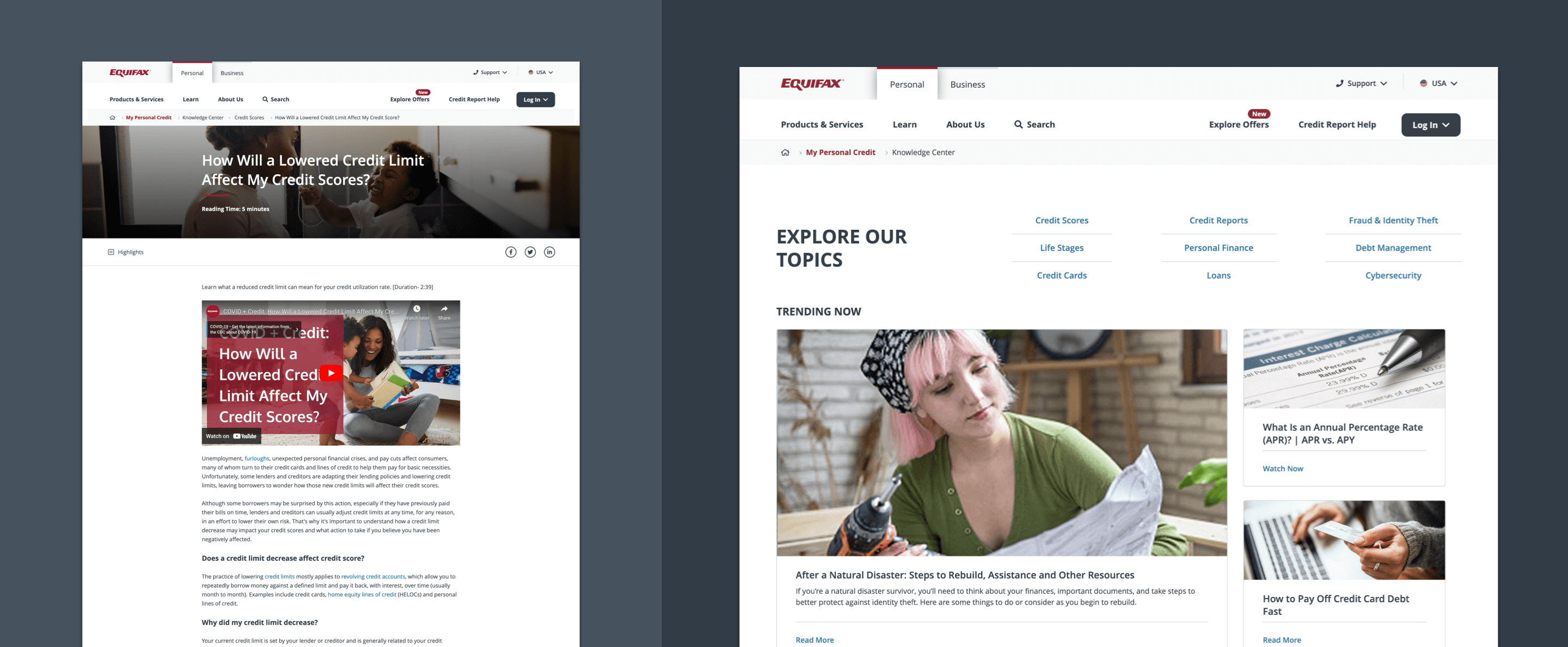 Collage of some of the Equifax Knowledge Center pages we manage, including the main hub and an article.