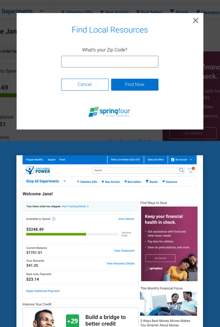 Collage of the Purchasing Power dashboard, article page, and SpringFour popup interfaces.