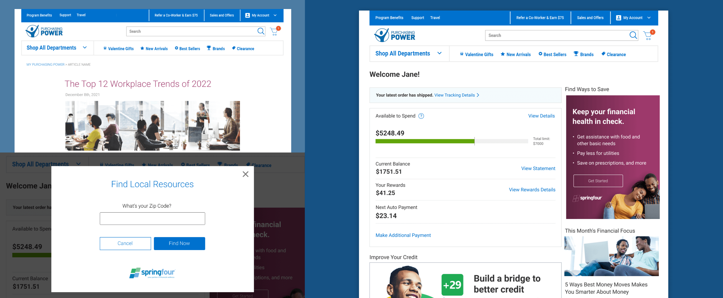 Collage of the Purchasing Power dashboard, article page, and SpringFour popup interfaces.