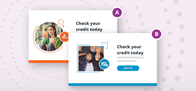Two popups labeled “A” and “B” sit on the left. A bar chart on the right shows “B” won the test with a 7% conversion lift.