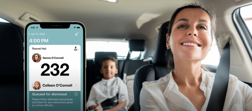 Examples of the Classroom, Curbside and Parent apps mocked into devices are overlaid on the image of a mom smiling in the rear view mirror at her little boy in the backseat.