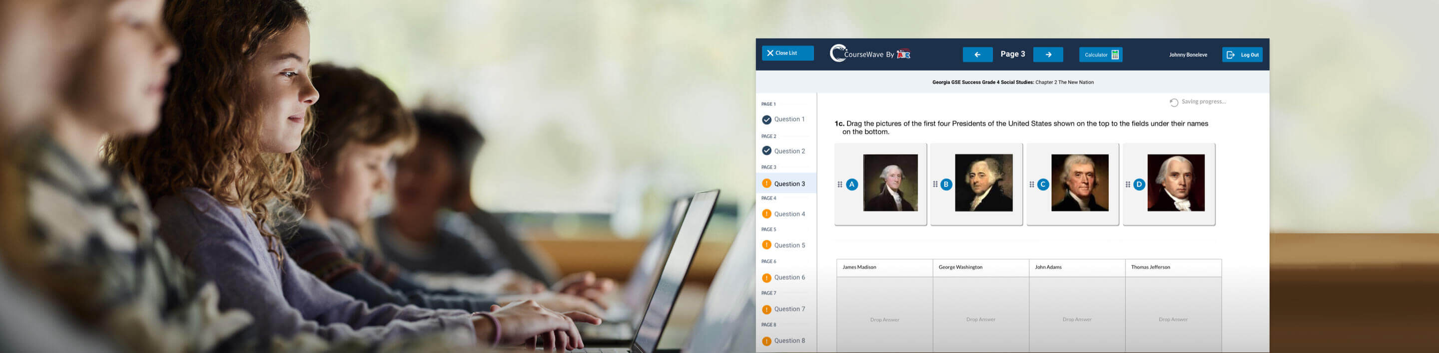 Mocks of the redesigned testing tool overlap the image of a smiling little girl taking an online test in a classroom.