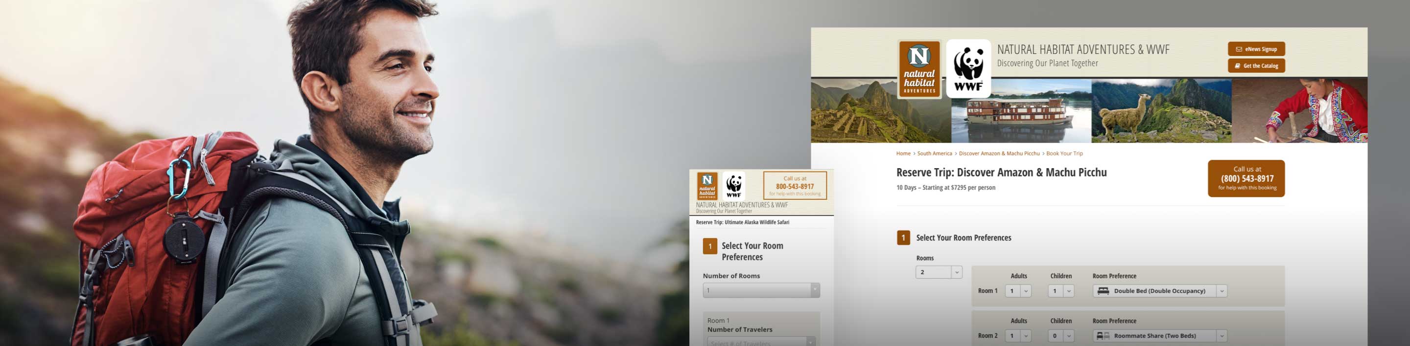 NatHab booking process desktop and mobile screens overlay an image of a dark-haired man with a red backpack pauses to look at a mountain view while hiking. 