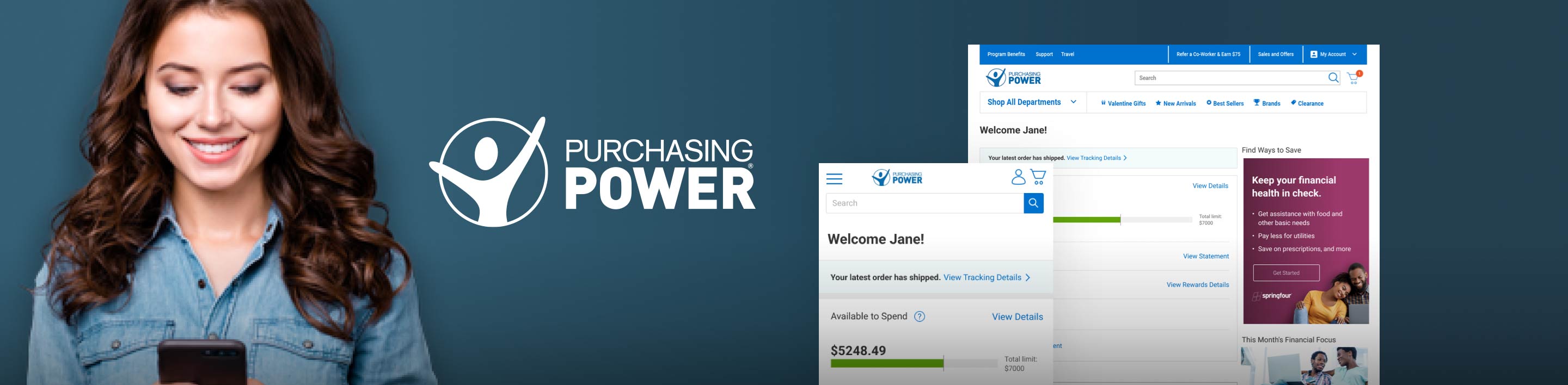 A woman in a denim shirt on a blue background smiles as she looks at her phone with the Purchasing Power logo to the right. Mobile and desktop examples of the web pages are in the foreground.