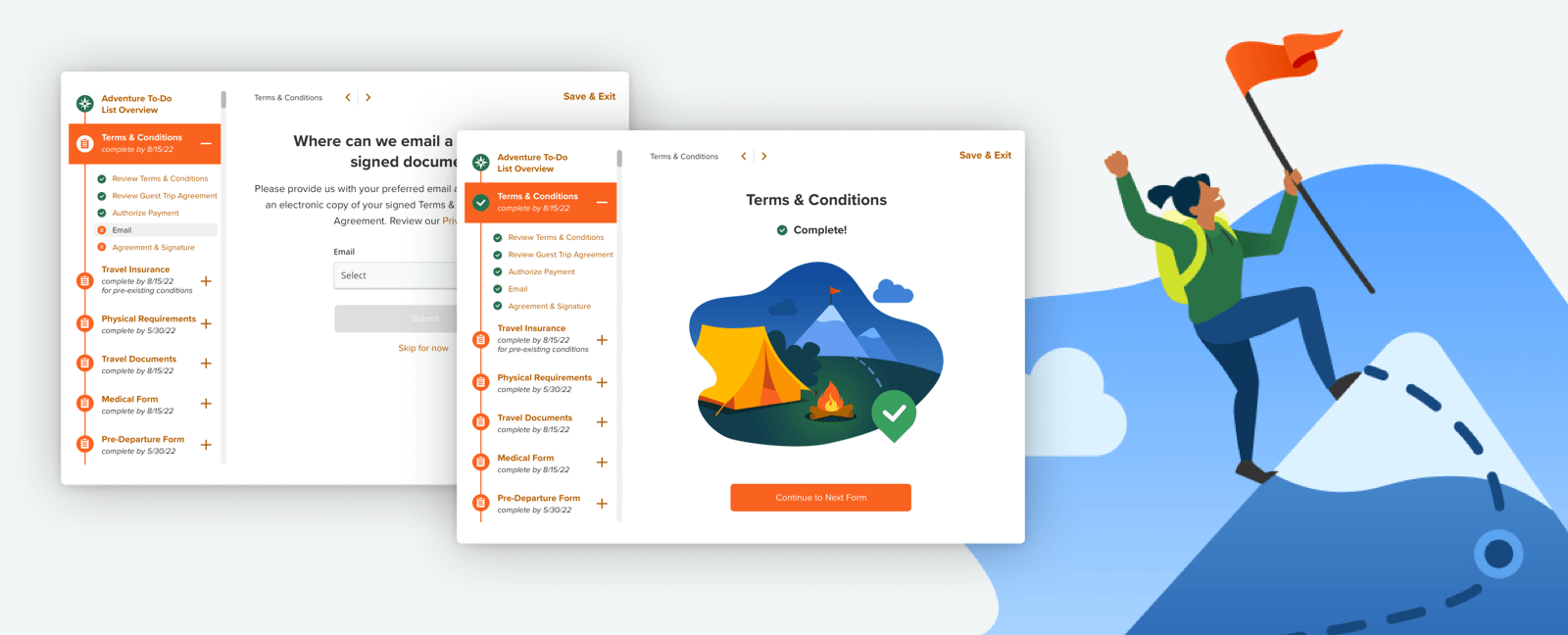 Two screens from the Adventure To-Do List Wizard overlay an illustration of a hiker reaching a mountain summit with a flag.