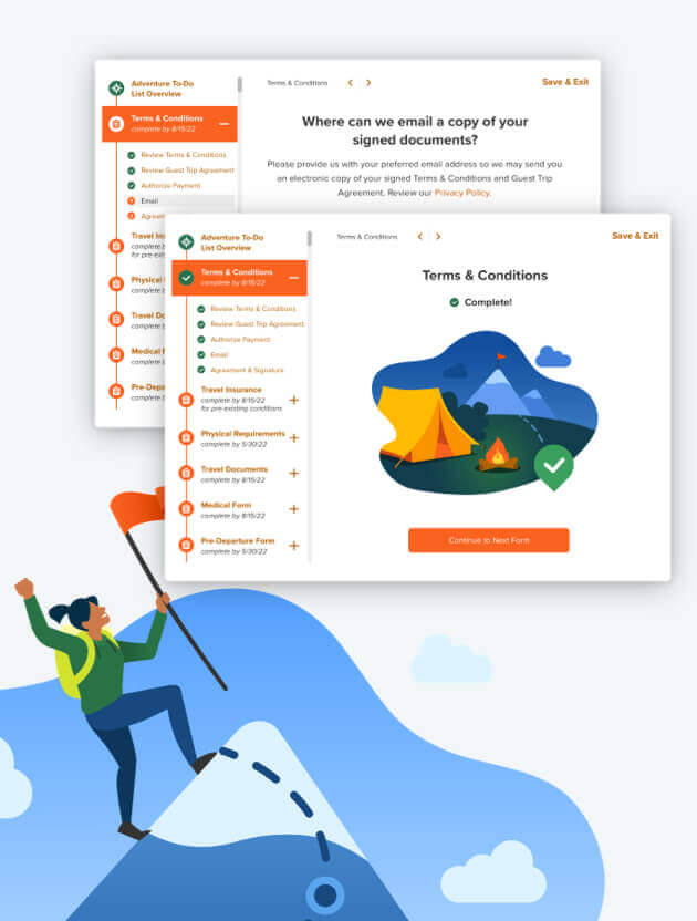 Two screens from the Adventure To-Do List Wizard overlay an illustration of a hiker reaching a mountain summit with a flag.