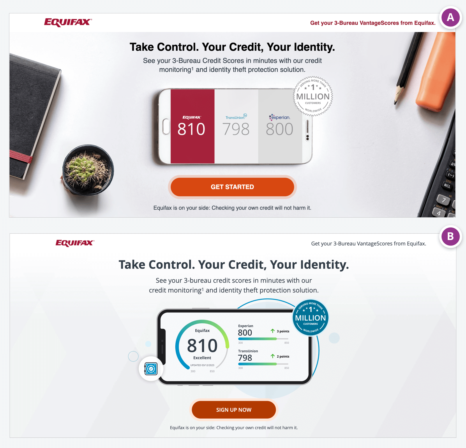 Two mocks of opposing Equifax marketing lander experiences with different color schemes and phone images, labeled “A” and “B”.