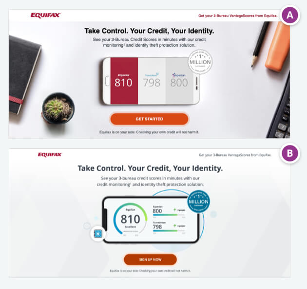 Two mocks of opposing Equifax marketing lander experiences with different color schemes and phone images, labeled “A” and “B”. 