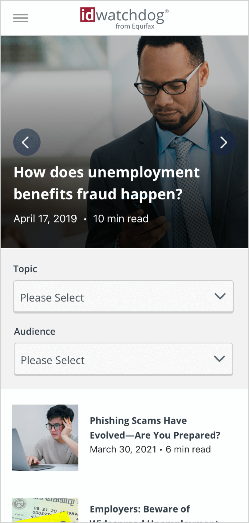The ID Watchdog redesigned homepage showing a woman checking her phone in the hero and button to compare plans.