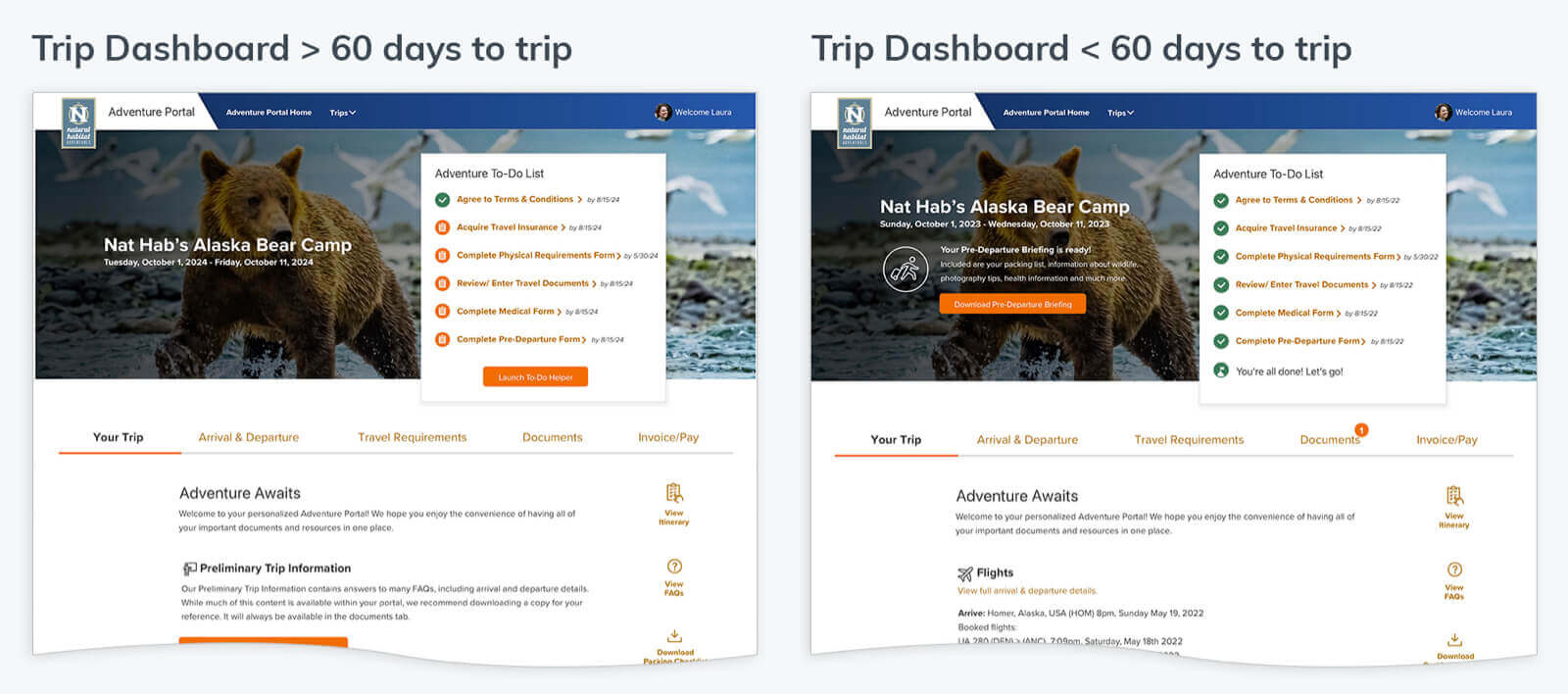 Two mocks of the trip dashboard illustrating how the content changes as the trip draws nearer.