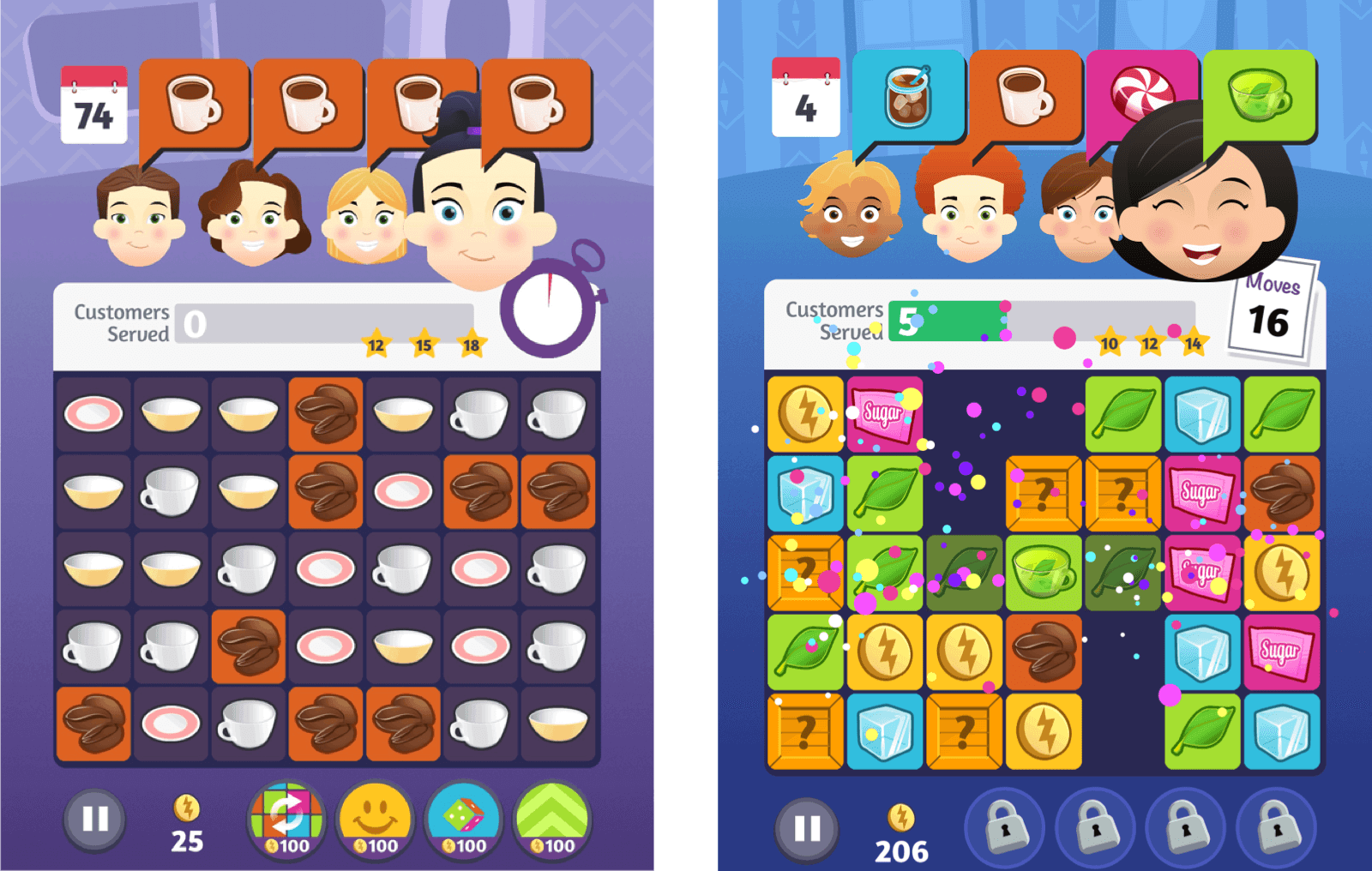 Cartoon customers with coffee orders line the top of the interface. A grid of coffee items are below, waiting to be matched.