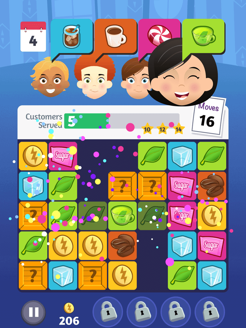Cartoon customers with coffee orders line the top of the interface. A grid of coffee items are below, waiting to be matched.