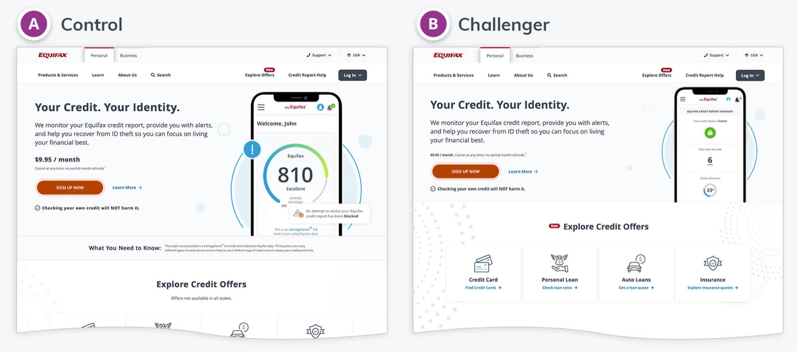Two mocks of the Equifax homepage with different content sit side by side, labeled 	“A Control” and “B Challenger”.