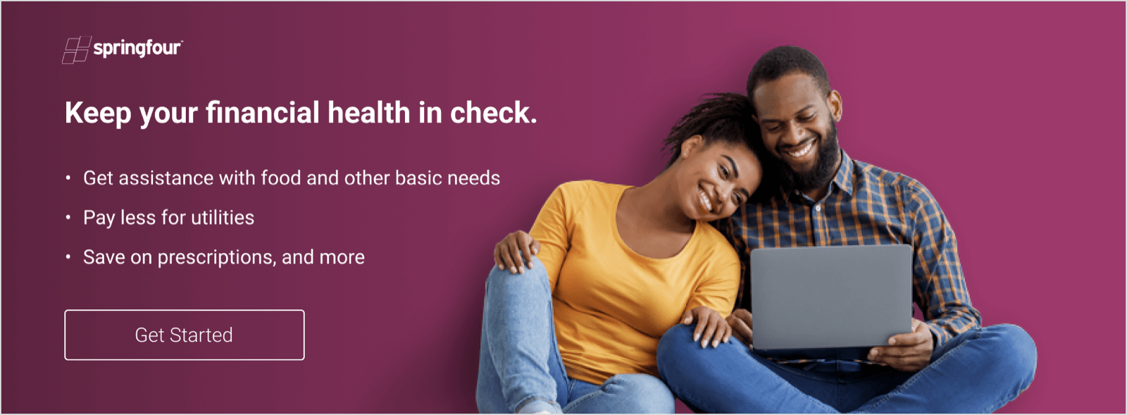 Section of the dashboard interface promoting SpringFour with a magenta background and a couple looking at a laptop.